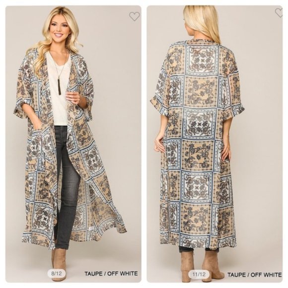 Boho Windowpane Floral Print Long Kimono w/Pockets - Picture 3 of 10